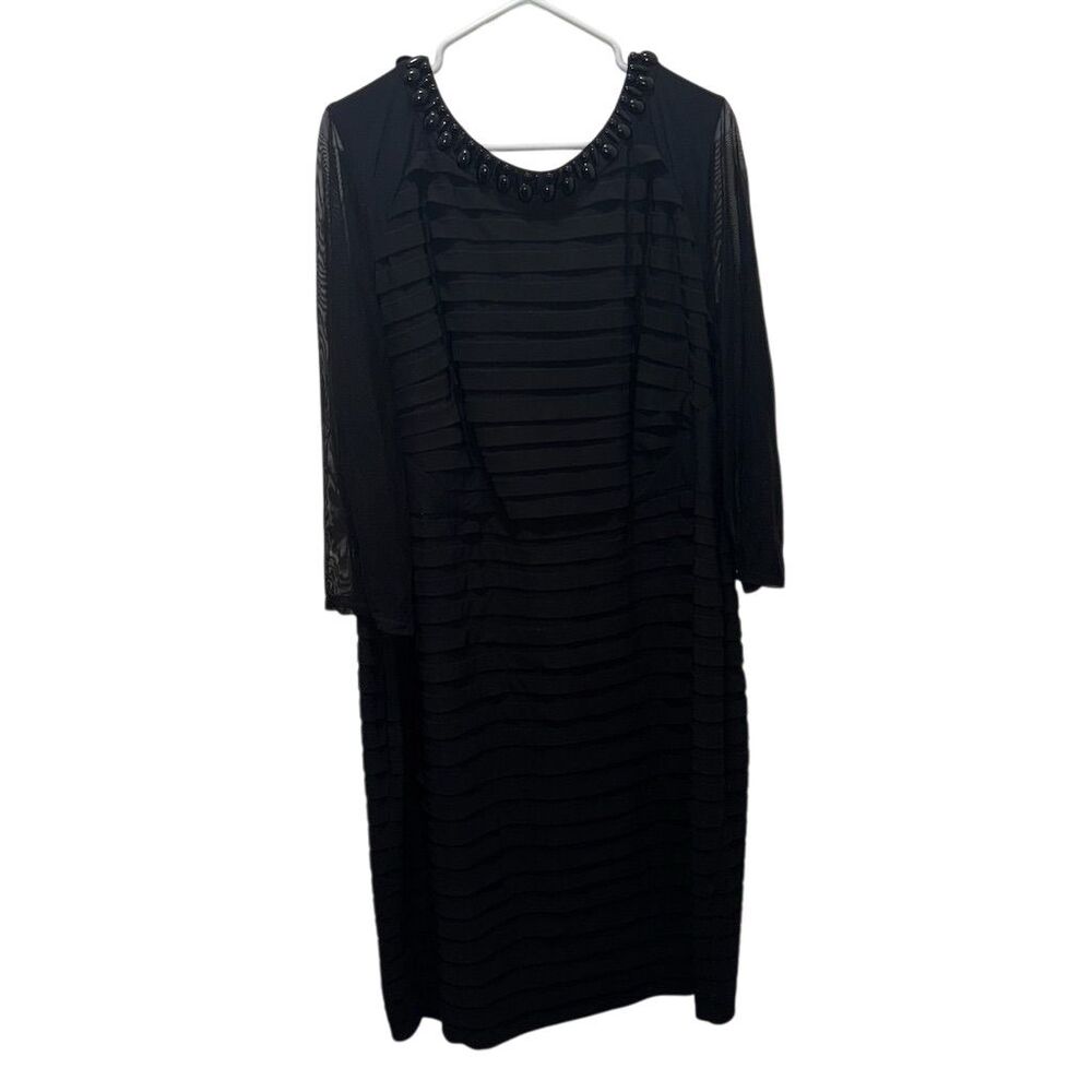 Adrianna Papell Black Sheath Dress L Shutter Pleat Embellished Neckline